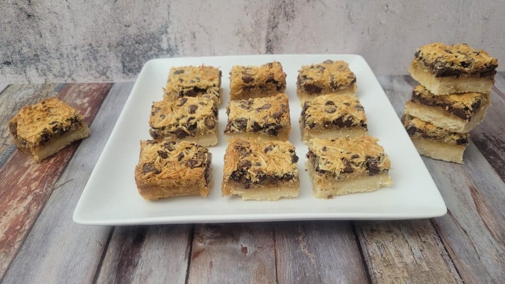 platter with easy chocolate coconut bars cut into pieces for serving