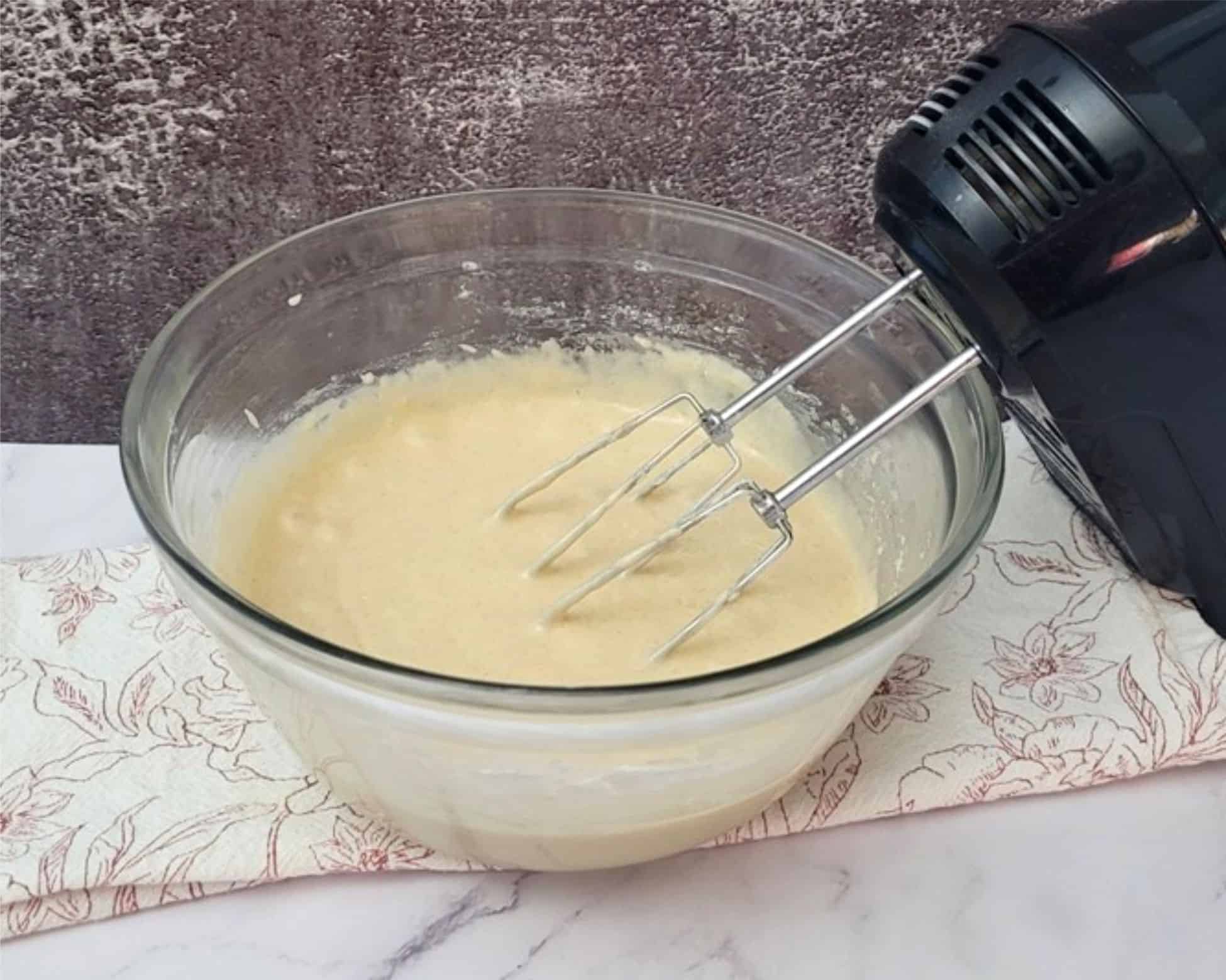 finished vanilla cake batter in a mixing bowl