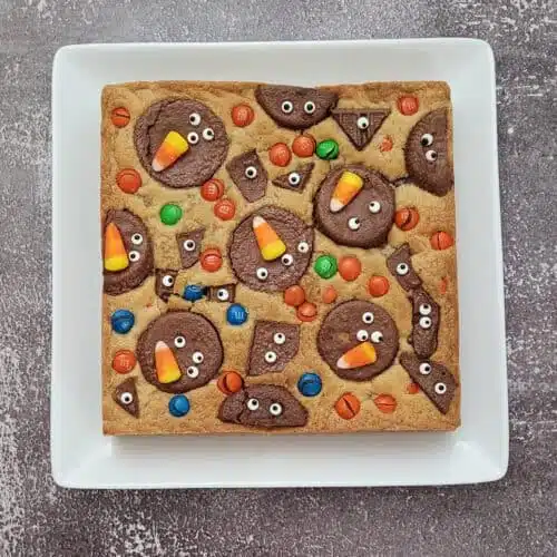 overhead view of brown sugar blondies made with leftover Halloween candy