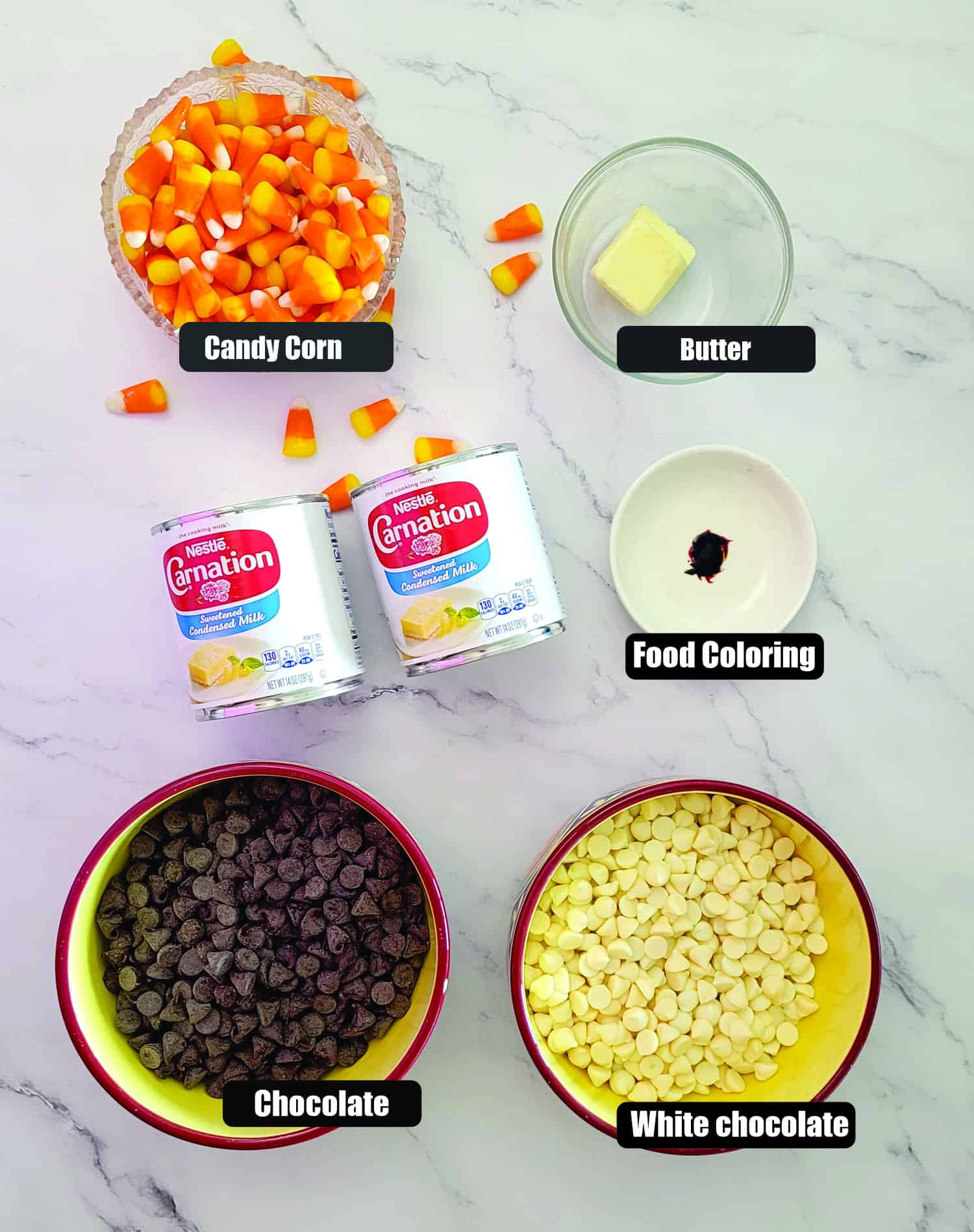 ingredients needed to make Halloween fudge including: chocolate chips, white chocolate chips, sweetened condensed milk, orange food coloring, butter and candy corn