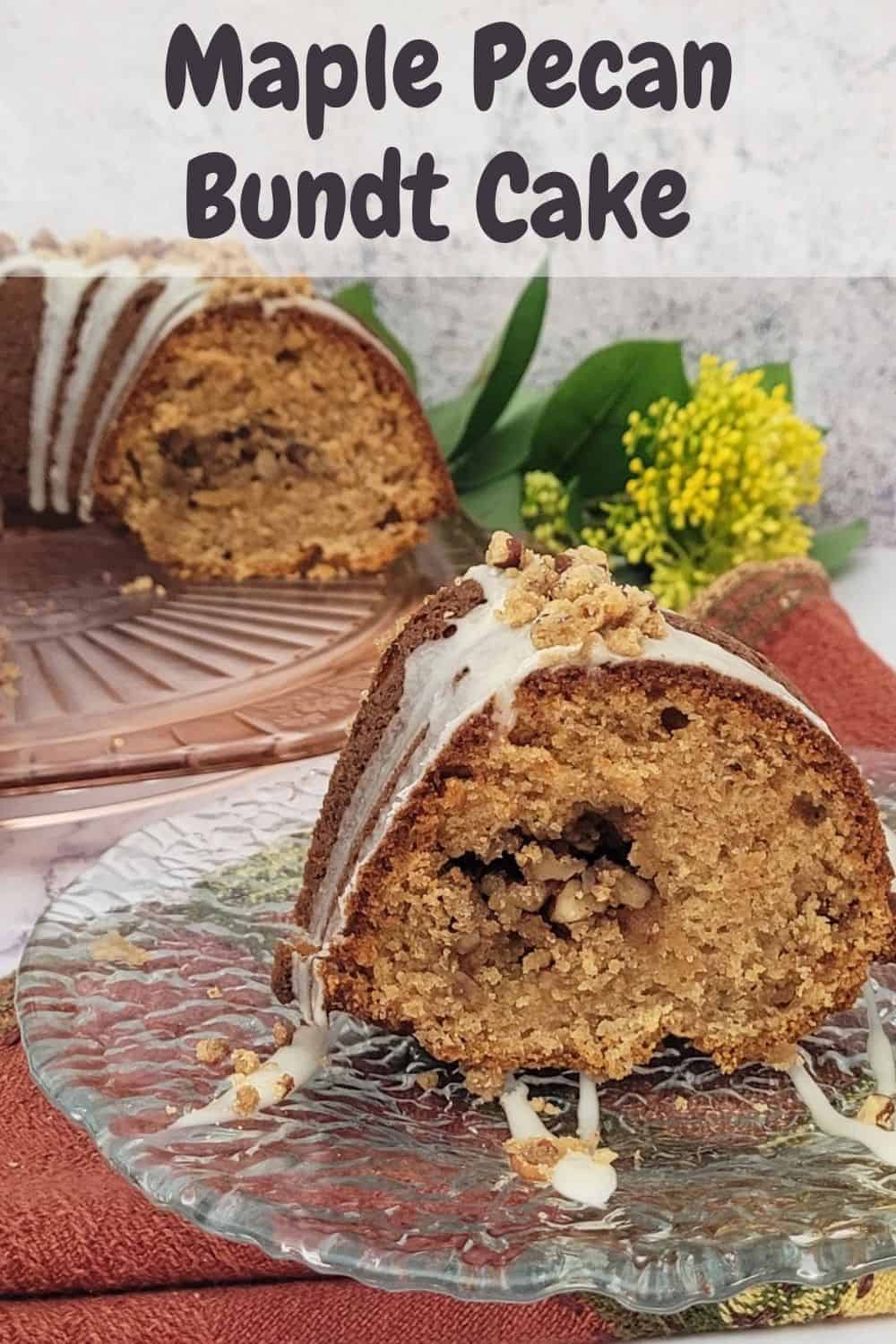 closeup of a slice of maple cake with pecan streusel filling