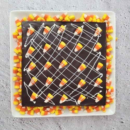 overhead view of candy corn brownies