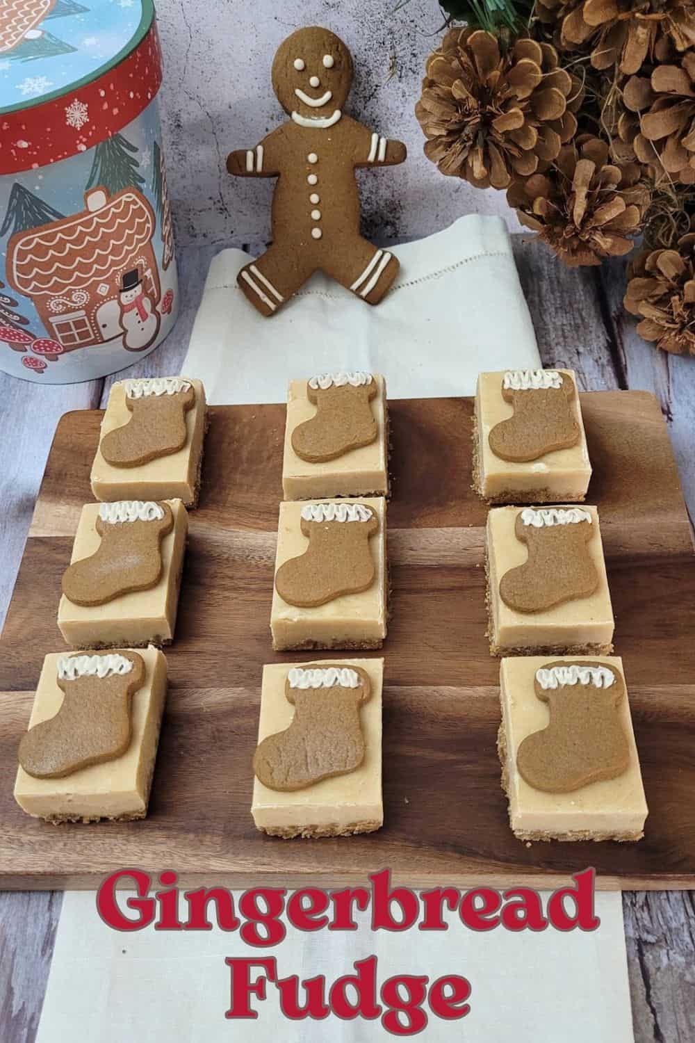 pieces of fudge decorated with Christmas stocking cookies