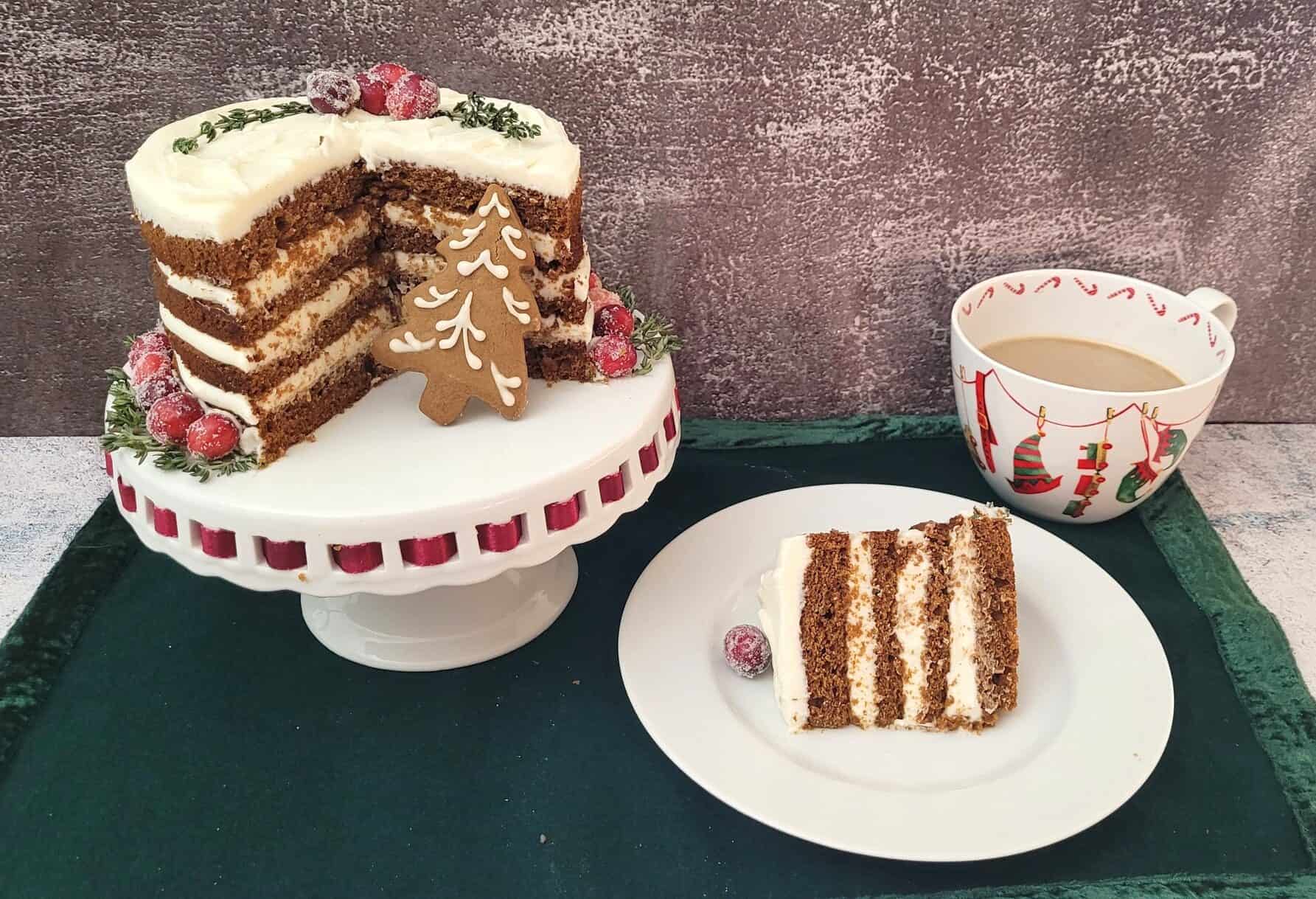 gingerbread cake with a slice on a plate