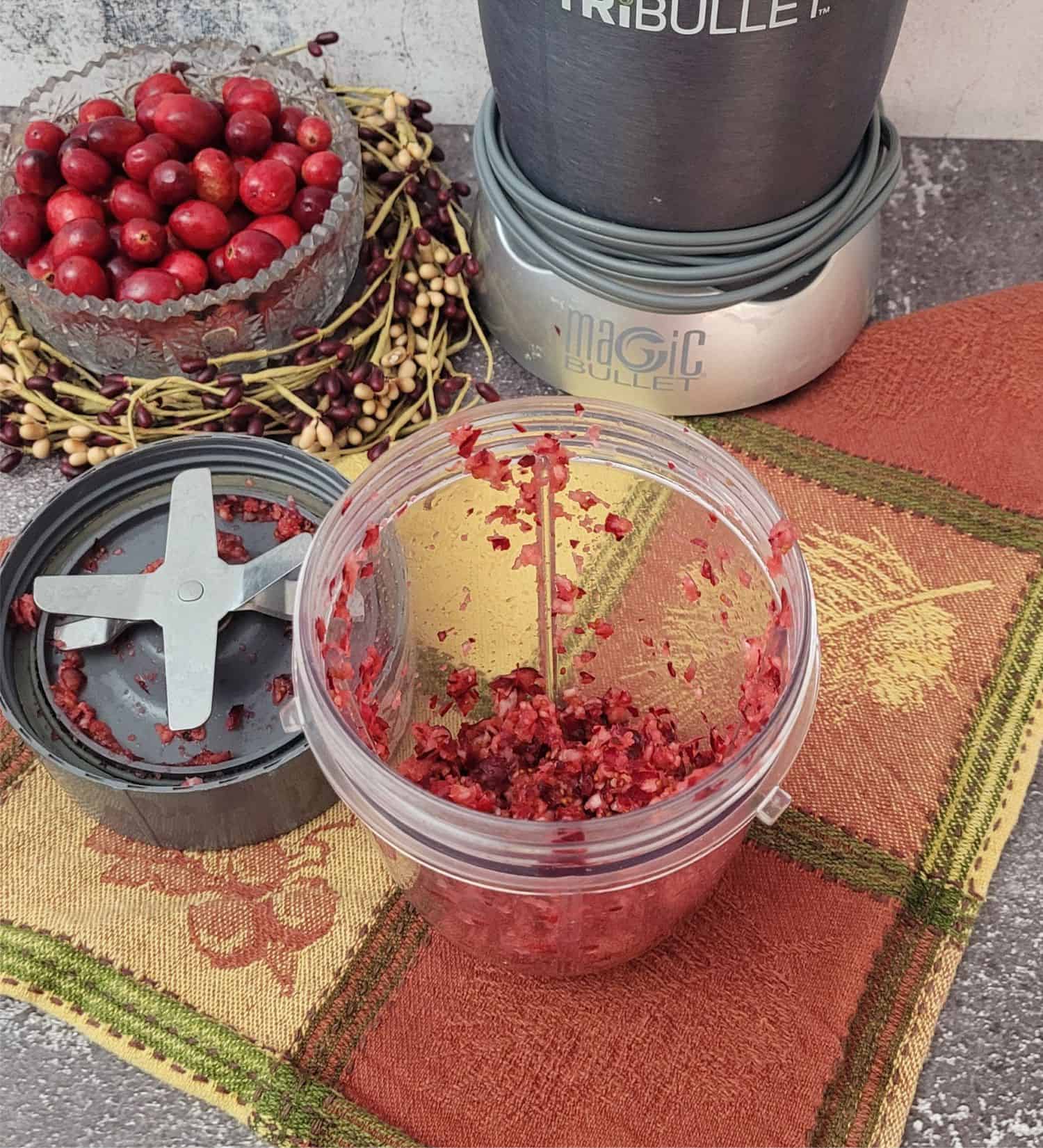 cranberries pureed in a food processor to be used to make slurry for galette filling