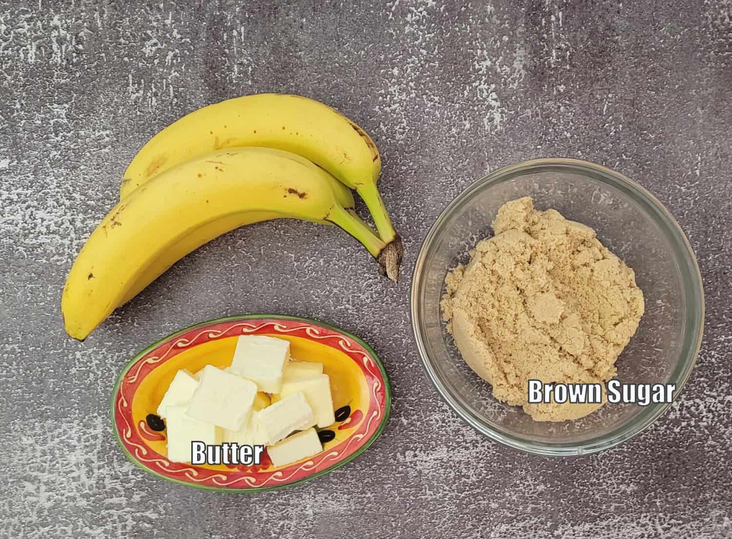 ingredients needed for topping banana upside down chocolate cake including brown sugar, bananas, and butter