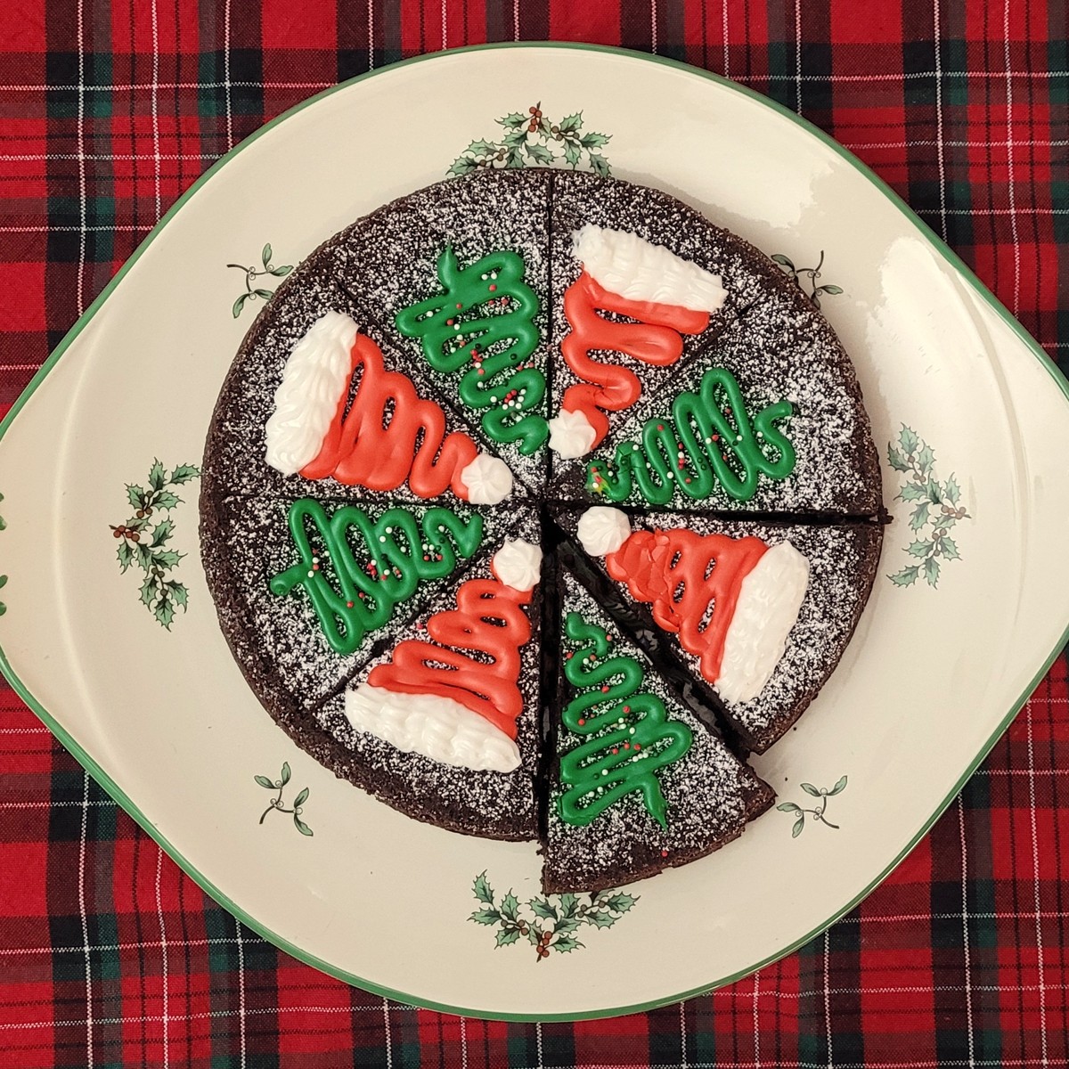 overhead view of a gluten free Christmas cake designed for the holidays