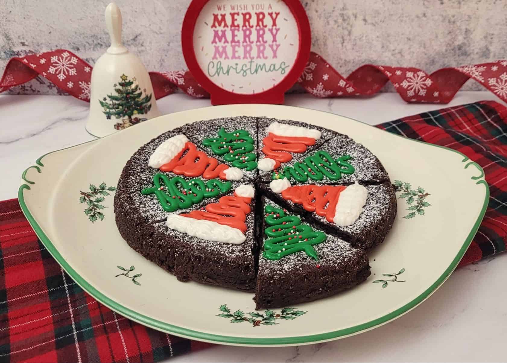 flourless chocolate cake decorated for Christmas