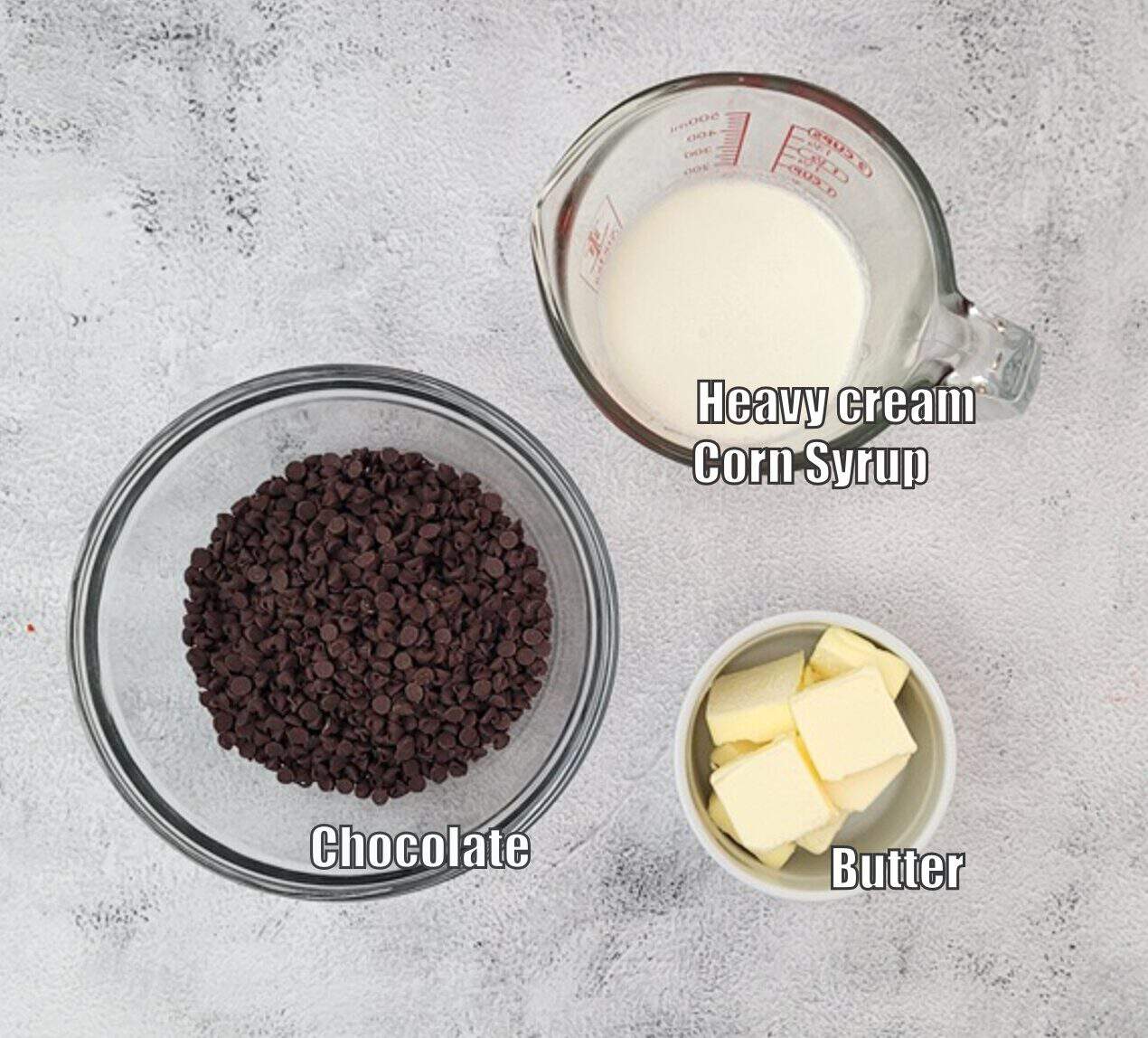 ingredients needed to make fudge filling for cookies including butter, chocolate, cream and corn syrup