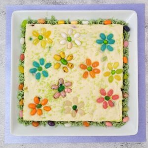 overhead view of fudge with flowers made out of jelly beans