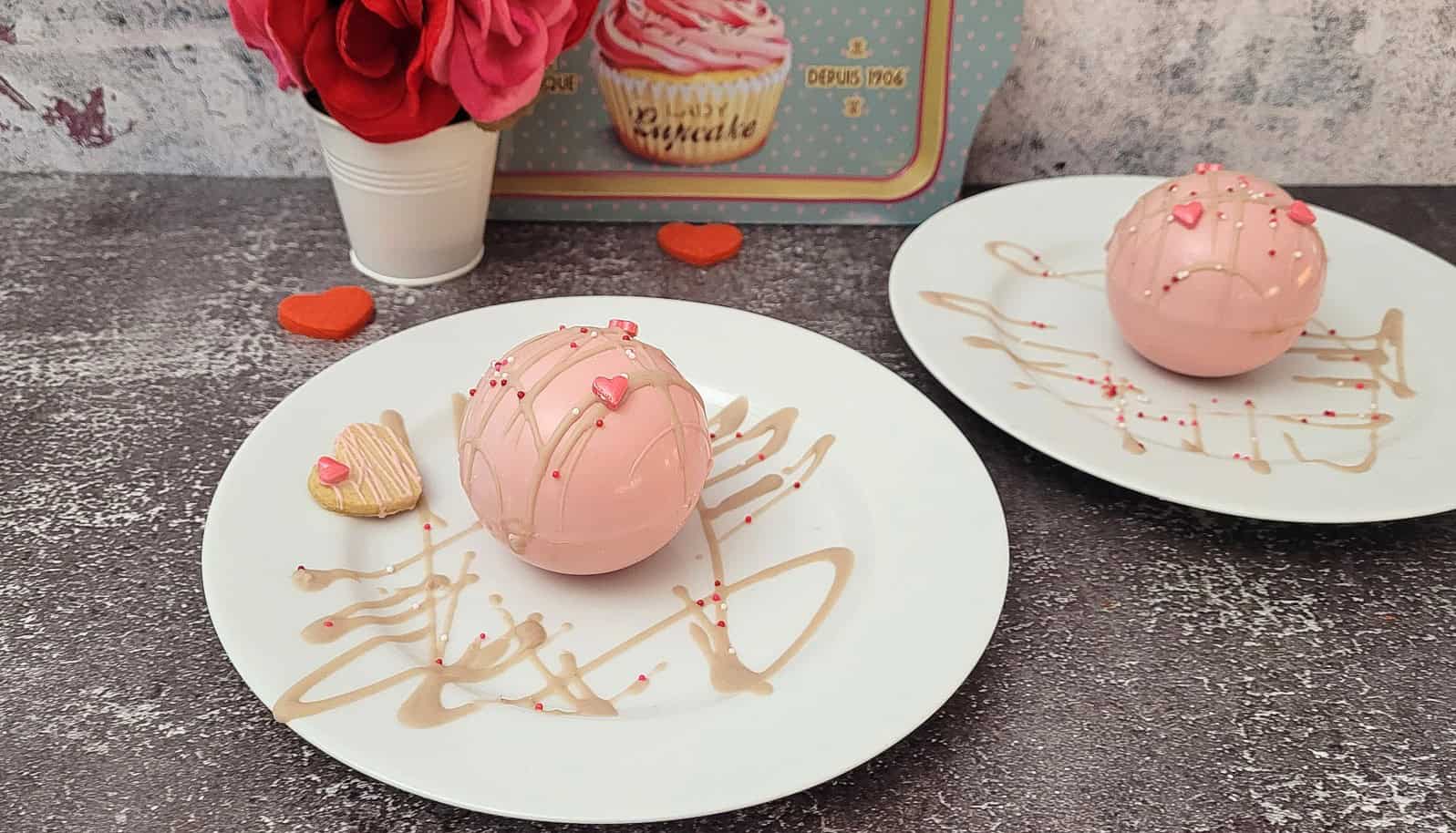 two valentines day nutella mousse bombs on plates