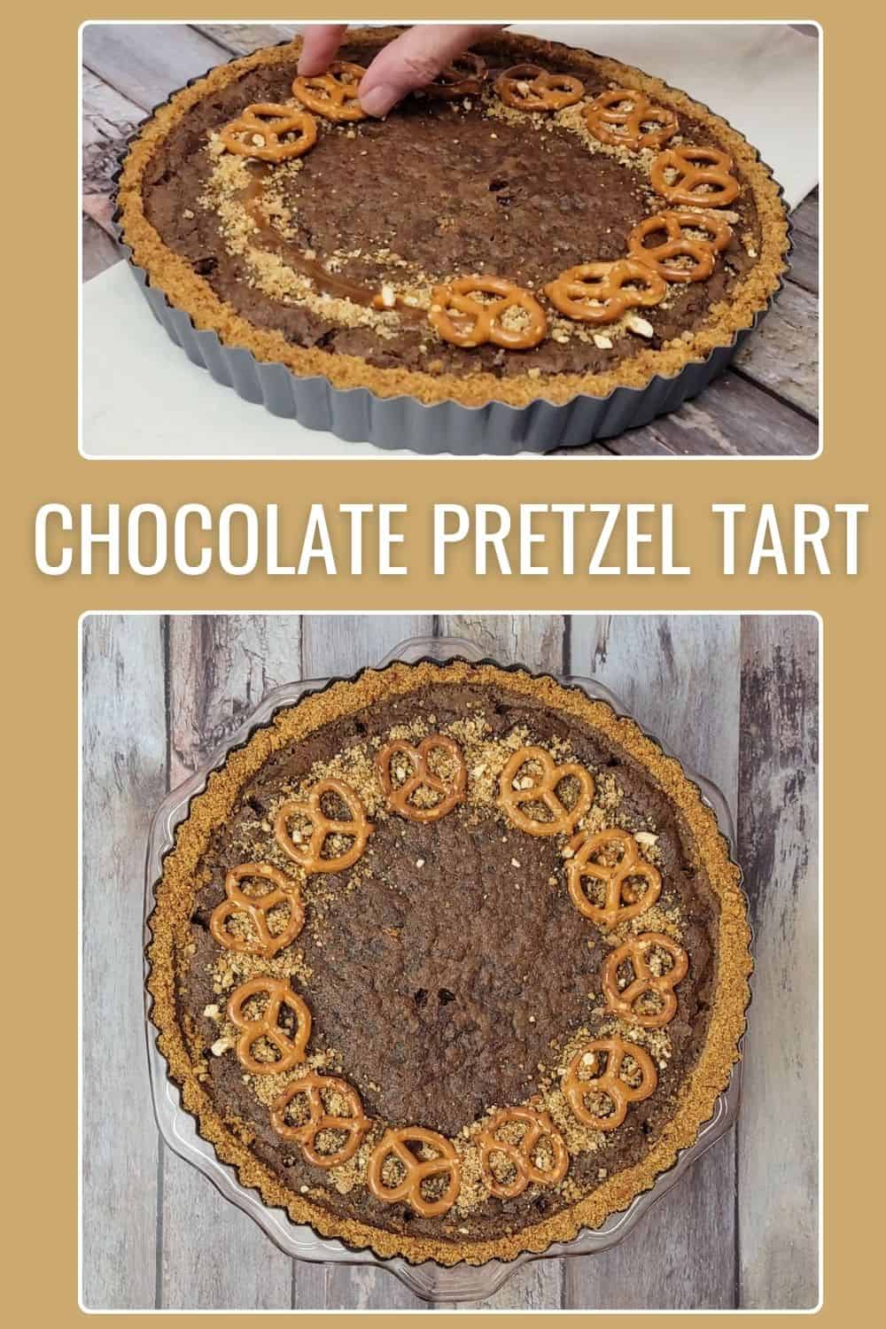 collage of photos showing a chocolate pretzel tart