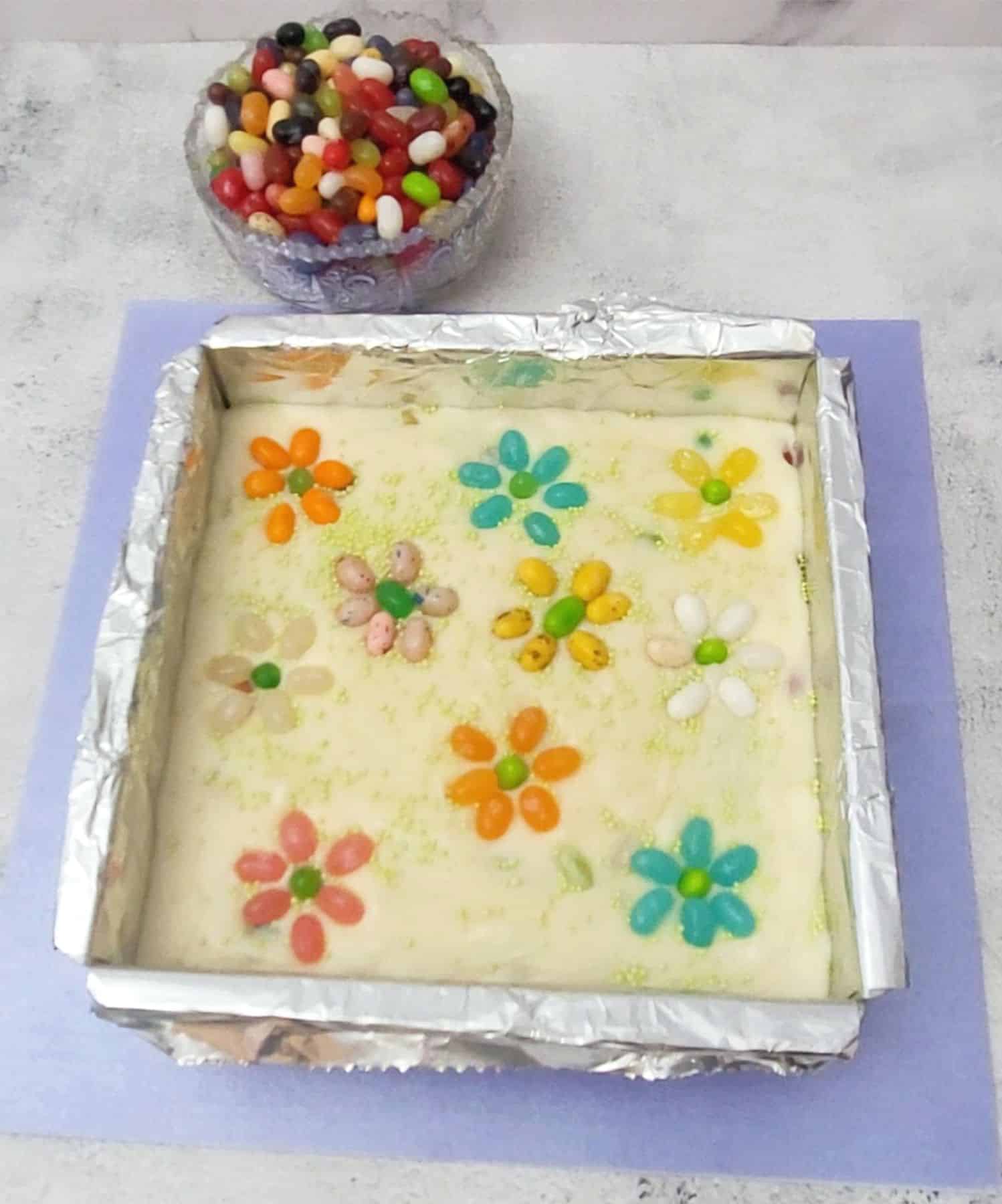 jelly bean flowers and sprinkles added to top of fudge