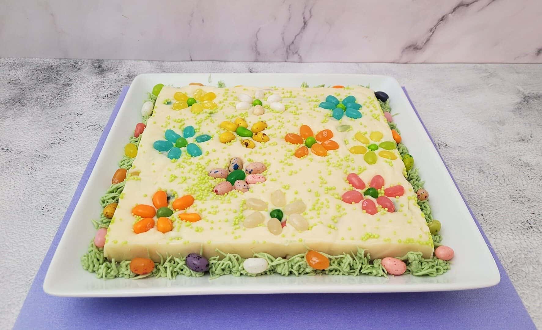 Easter jelly bean fudge on a serving platter