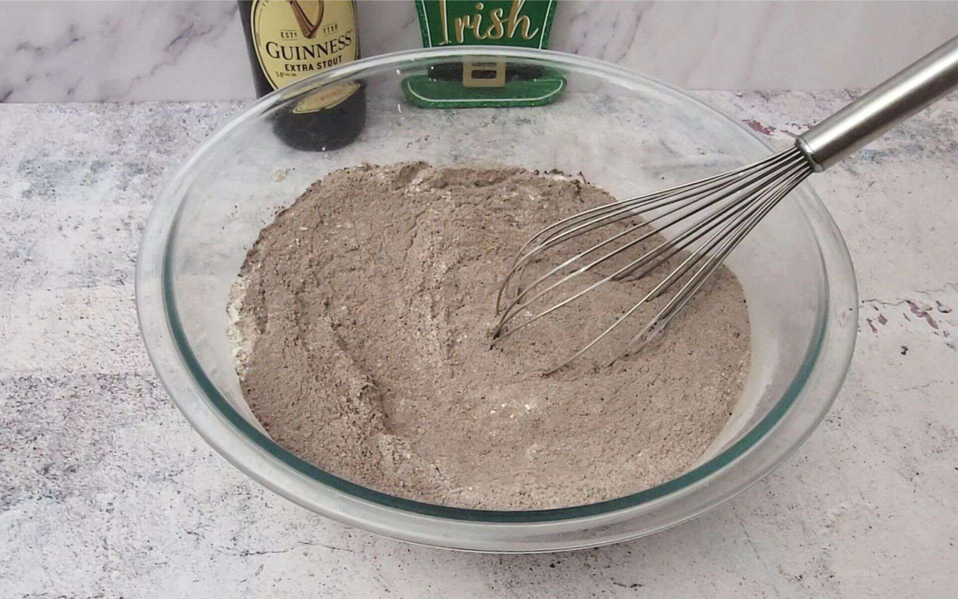 dry ingredients combined in mixing bowl to make Guinness Stout Chocolate Cake