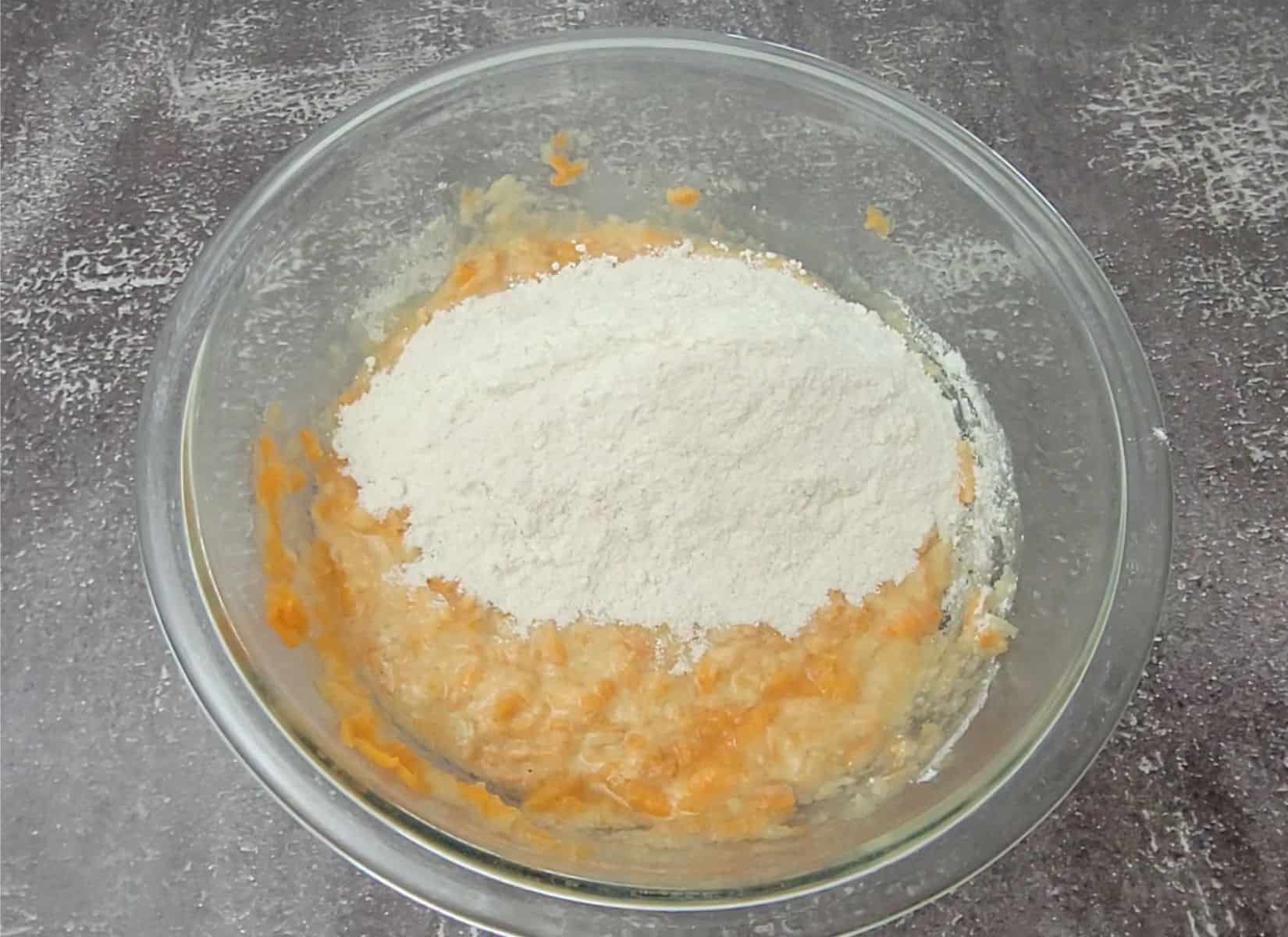 second half of dry ingredients added to mixing bowl