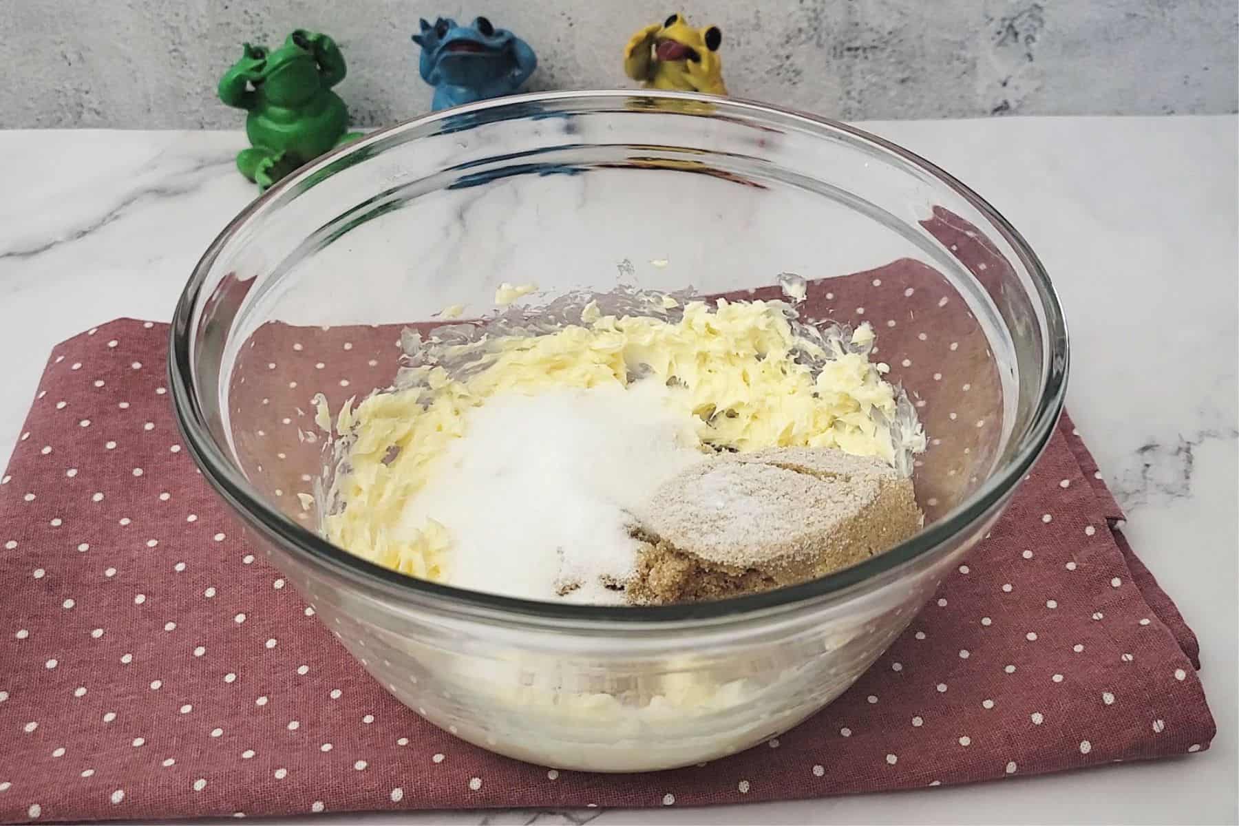 butter, granulated sugar and brown sugar in bowl to start making eggless oatmeal cookie recipe