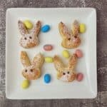 overhead view of four finished puff pastry Easter bunnies