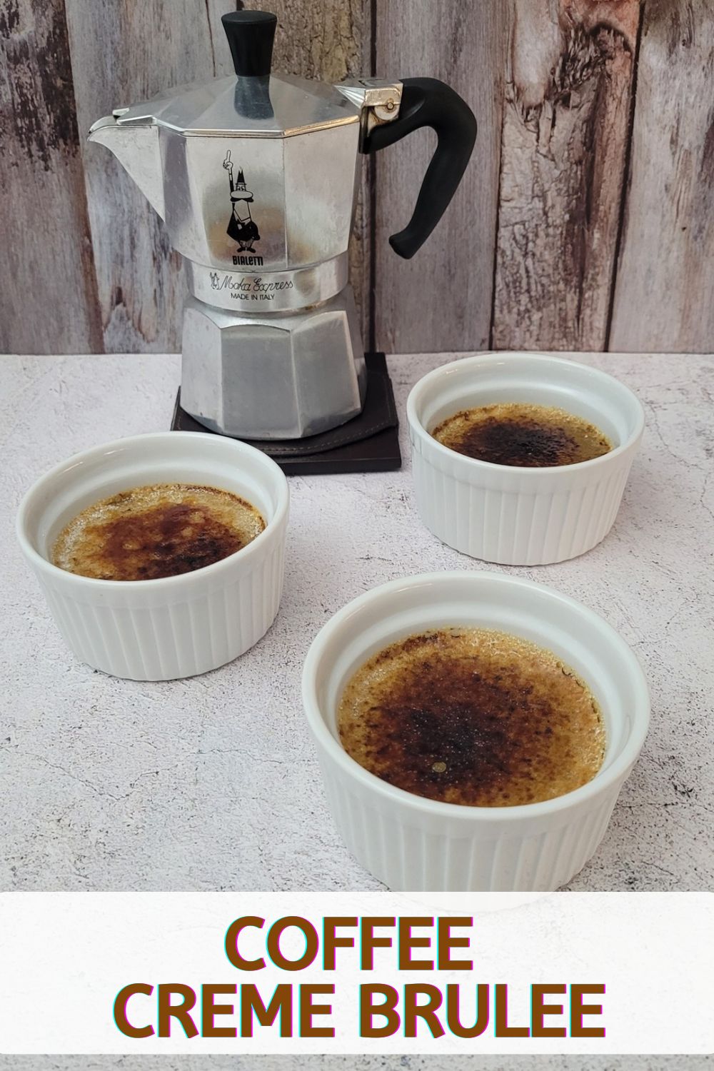 coffee crème brulee on a countertop with an espresso machine in the background