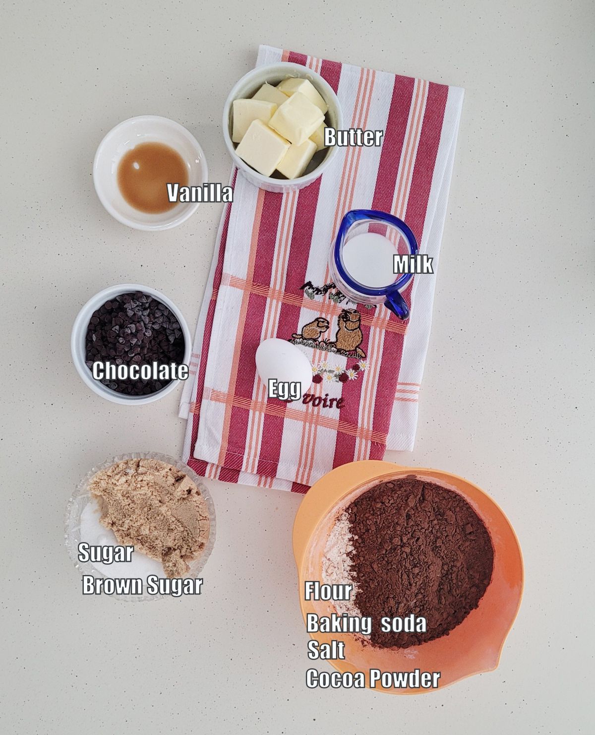 overhead view of ingredients to make chocolate dough portion of the cookies