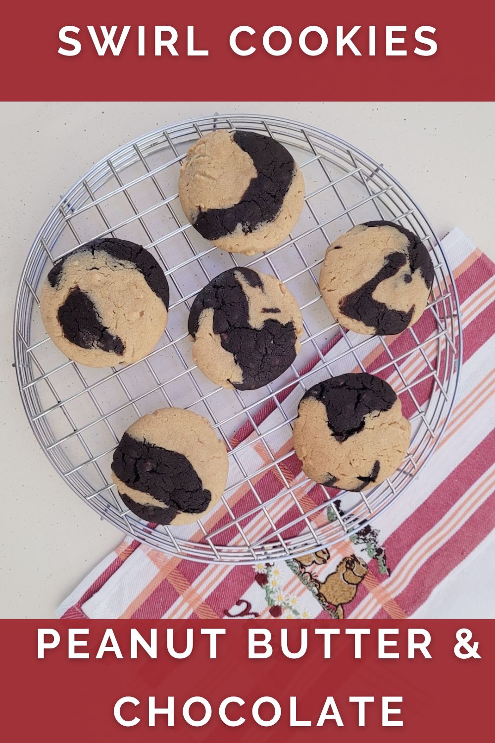overhead view of chocolate peanut butter swirl cookies and the name of recipe in print