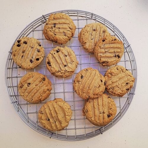 Overhead view of sunbutter cookies cooling on a wire rack