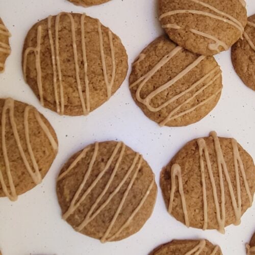 overhead view of pumpkin latte cookies drizzled with espresso glaze