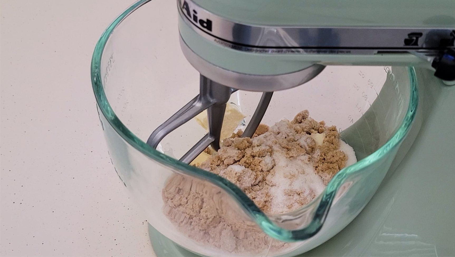 softened butter, brown sugar and granulated sugar in a mixing bowl with the paddle attachment