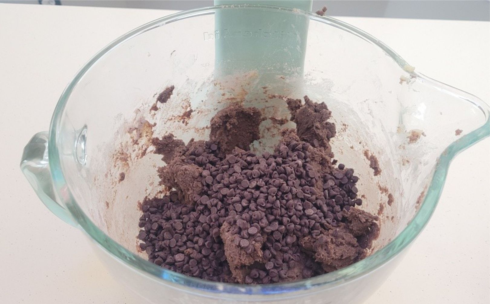 chocolate chips added to mixing bowl