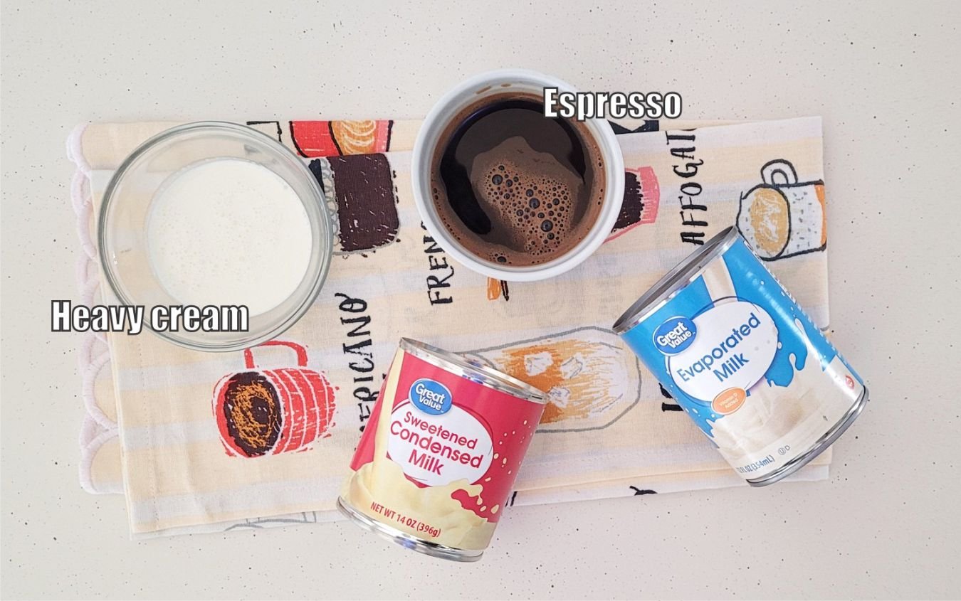 ingredients needed for the three milk syrup for coffee Tres Leches cake including cream, sweetened condensed milk, evaporated milk and brewed espresso