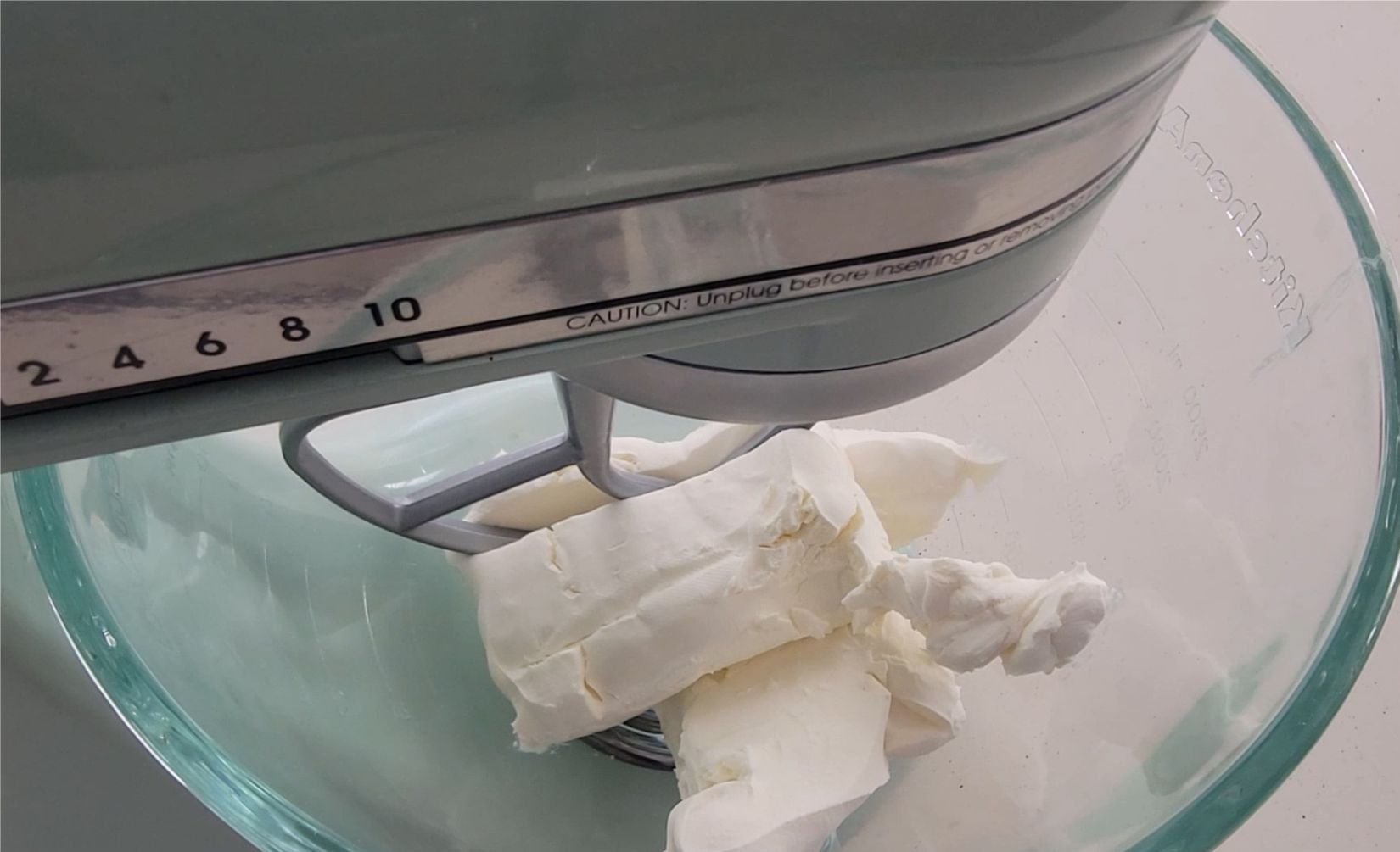 mixing bowl with softened cream cheese place in bowl