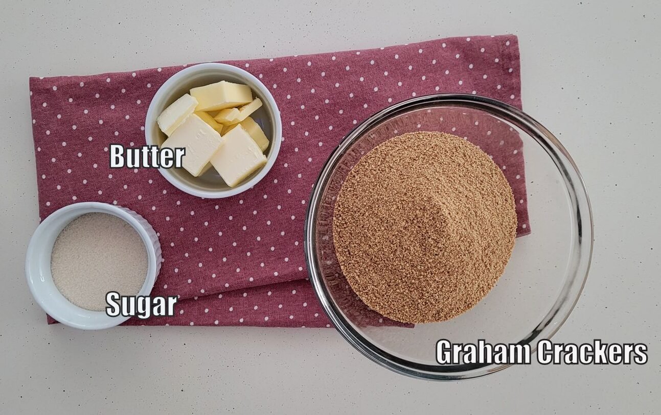 ingredients needed to make graham cracker crust including graham cracker crumbs, sugar and butter