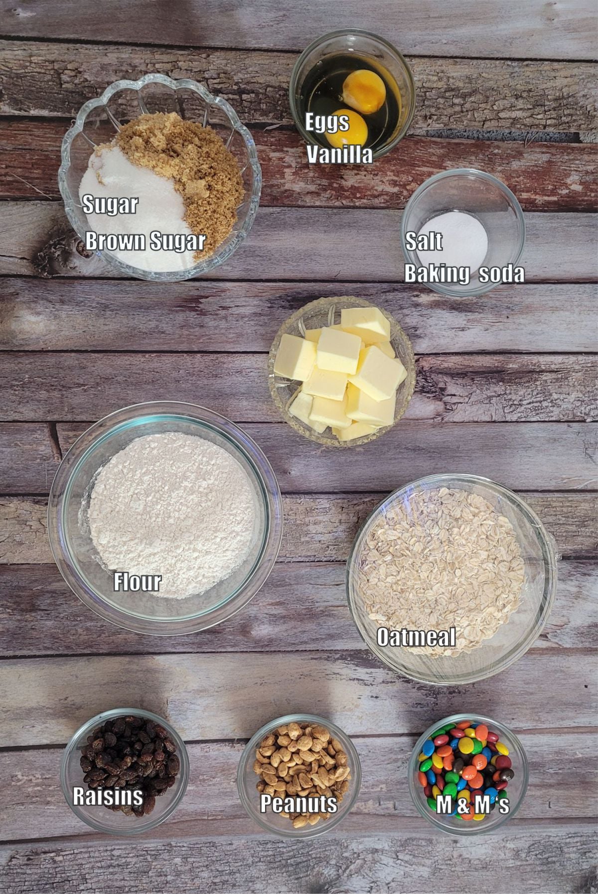overhead view of ingredients needed to make GORP oatmeal cookies recipe